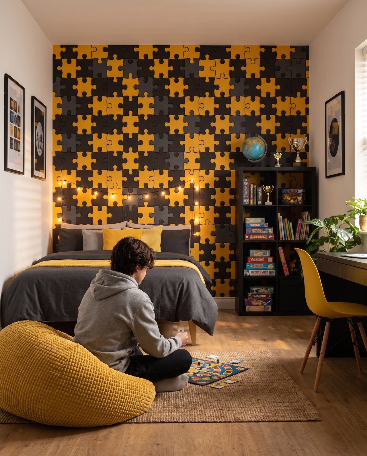 Papier peint Domino dans une salle de jeux, un adolescent joue à un jeu de plateau au sol : décor puzzle sur mesure au Maroc, Wonderwall