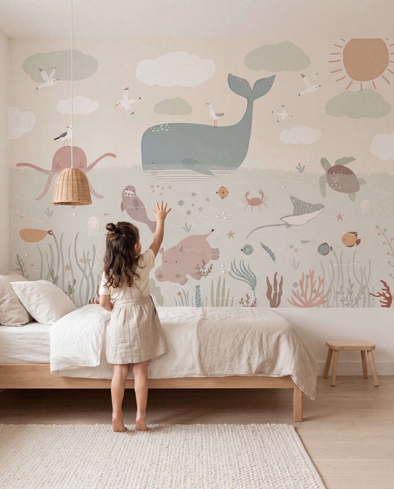 Papier peint Récif dans une chambre d'enfant, une fillette devant la fresque sous-marine, Wonderwall Casablanca