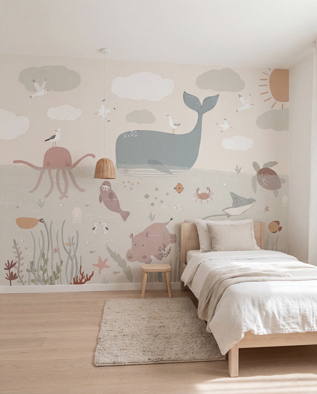 Papier peint panoramique fond marin enfant Récif, baleine, poulpe et tortue en pastel doux dans une chambre Japandi, Wonderwall Casablanca