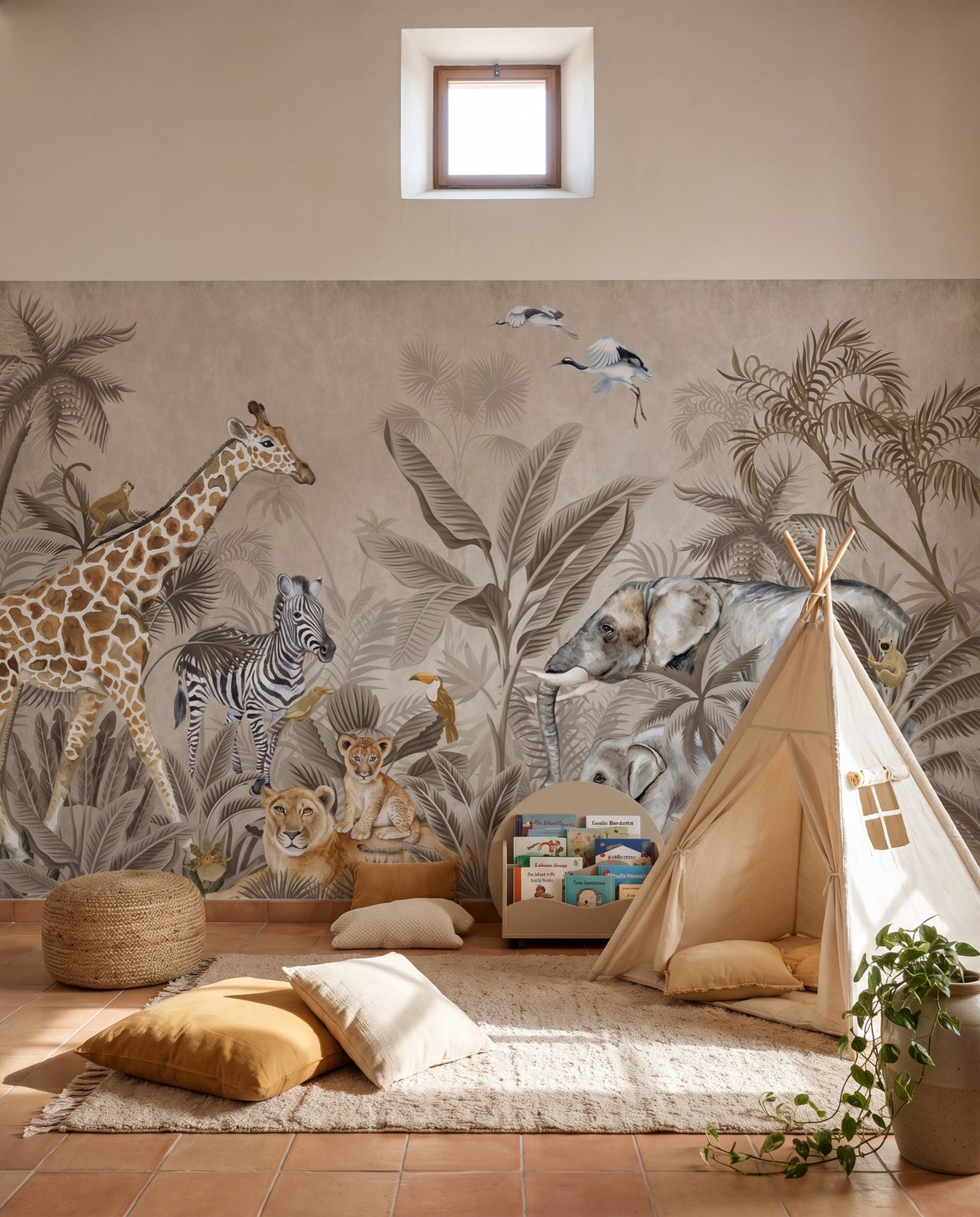 Papier peint Serengeti dans un coin jeux terracotta — safari aquarelle sur mesure, Wonderwall Casablanca