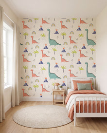 Papier peint enfant dinosaures Gondwana — brontosaures corail et menthe, volcans et palmiers sur crème dans une chambre douce, Wonderwall Casablanca