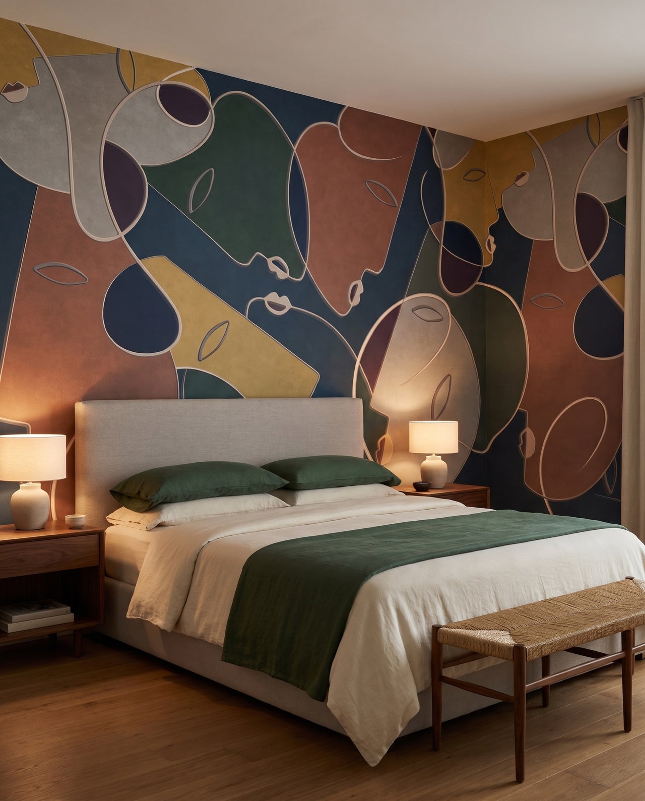 Fresque murale Arlequin dans une chambre en linge vert forêt avec chevets en noyer : papier peint panoramique line art sur mesure Wonderwall