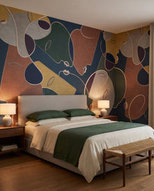 Fresque murale Arlequin dans une chambre en linge vert forêt avec chevets en noyer : papier peint panoramique line art sur mesure Wonderwall