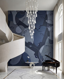 Papier peint panoramique Muse dans un hall double hauteur à escalier hélicoïdal : fresque line art bleu nuit Wonderwall Casablanca