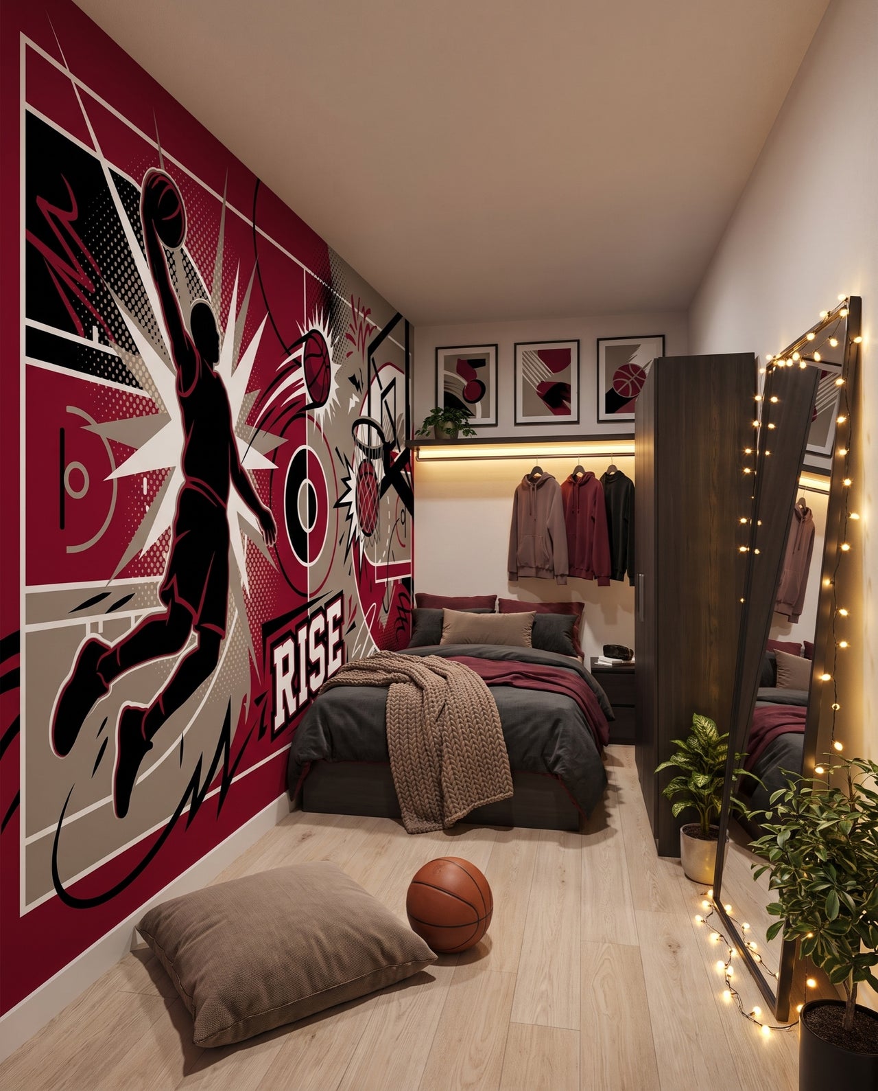 Fresque murale Slam dans une chambre en enfilade à lit plateforme et portant à hoodies : décor basket sur mesure au Maroc, Wonderwall