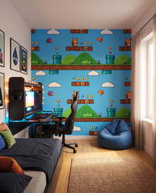 Papier peint panoramique Warp vu vers la fenêtre et le pouf bleu : fresque jeu de plateforme Wonderwall Casablanca