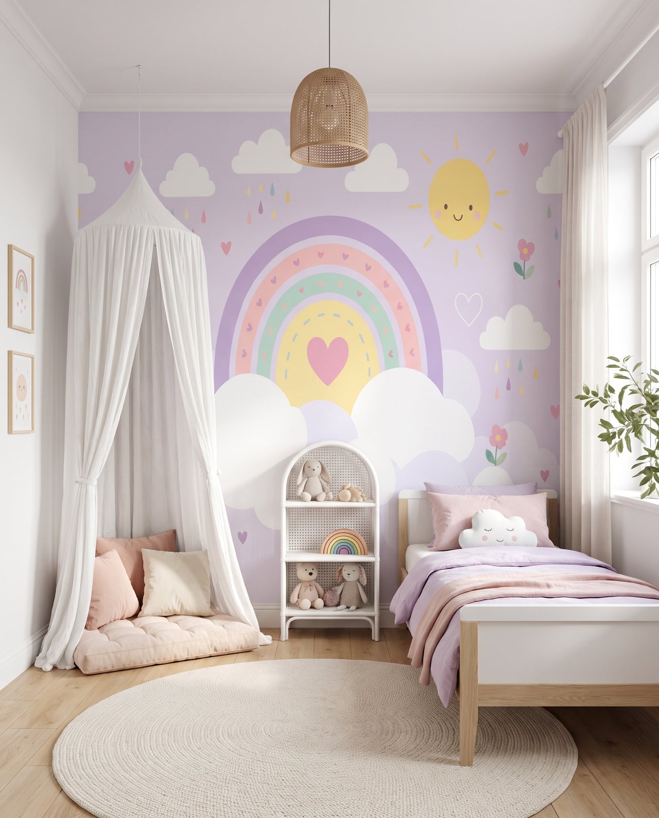 Papier peint panoramique Rêverie vu vers le ciel de lit et la fenêtre : fresque pastel pour chambre d'enfant Wonderwall Casablanca