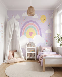 Papier peint panoramique Rêverie vu vers le ciel de lit et la fenêtre : fresque pastel pour chambre d'enfant Wonderwall Casablanca