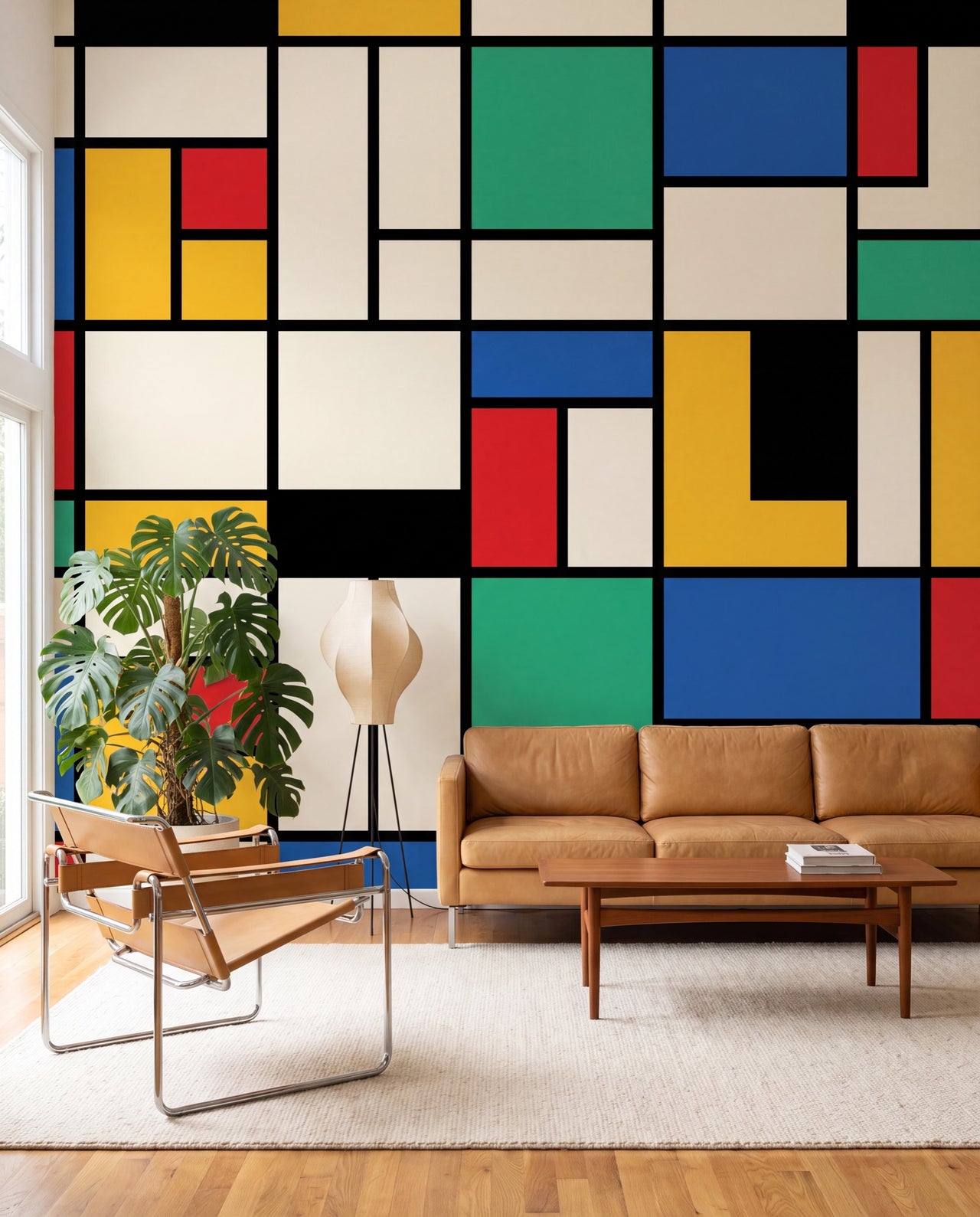Papier peint panoramique géométrique Mondrian, fresque De Stijl blocs rouge, bleu et jaune dans un salon mid-century audacieux, Wonderwall Casablanca