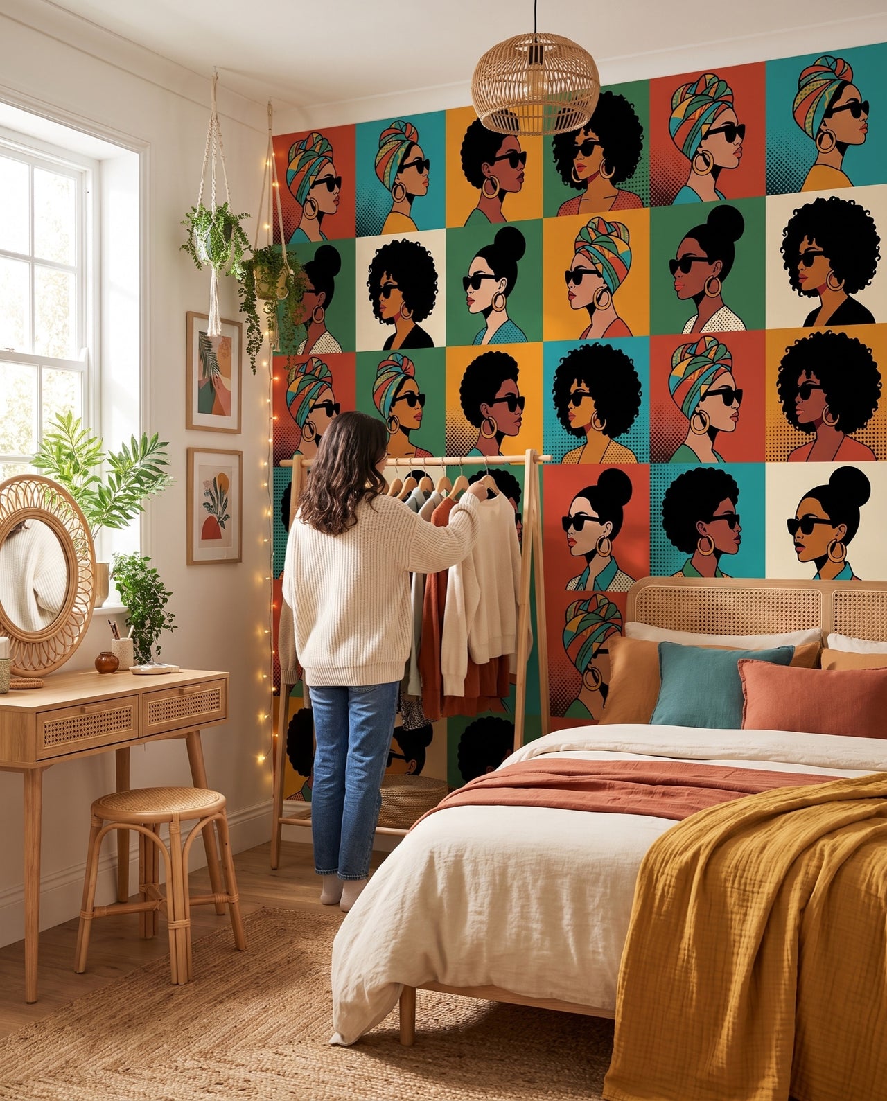 Fresque murale Icônes dans une chambre boho, une adolescente choisit une tenue au portant : portraits pop art sur mesure au Maroc, Wonderwall