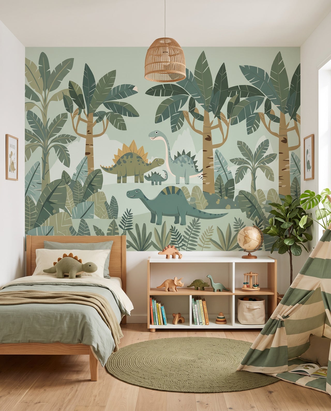 Papier peint panoramique dinosaures Diplo : stégosaures et sauropodes parmi les bananiers dans une chambre d'enfant, Wonderwall Casablanca