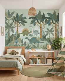 Papier peint panoramique dinosaures Diplo : stégosaures et sauropodes parmi les bananiers dans une chambre d'enfant, Wonderwall Casablanca