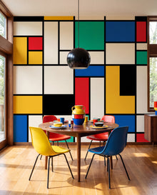Papier peint panoramique Mondrian dans une salle à manger pop graphique, fresque De Stijl Wonderwall Casablanca