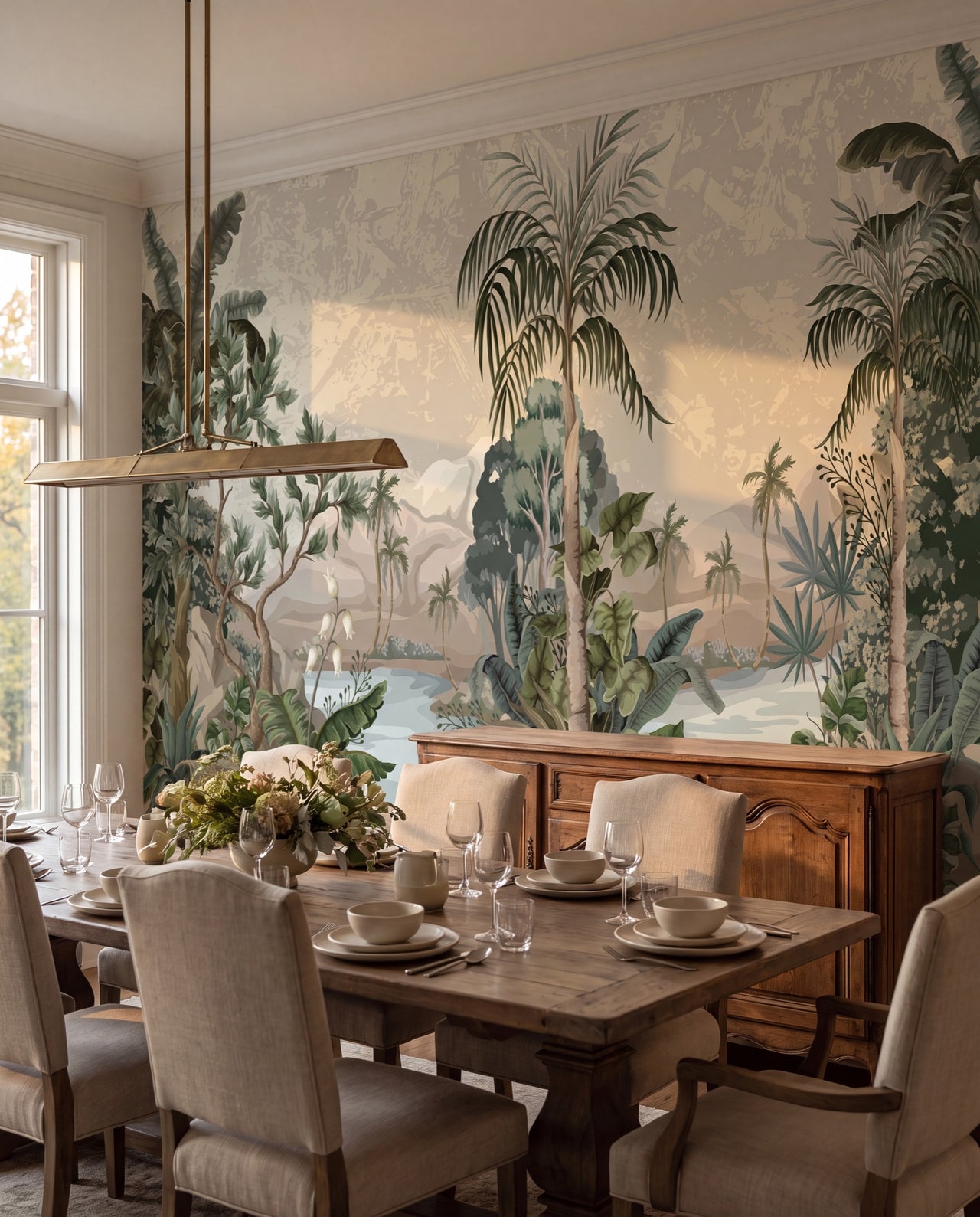 Papier peint panoramique Oasis Perdue dans une salle à manger raffinée, fresque tropicale vintage Wonderwall Casablanca