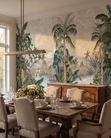 Papier peint panoramique Oasis Perdue dans une salle à manger raffinée, fresque tropicale vintage Wonderwall Casablanca