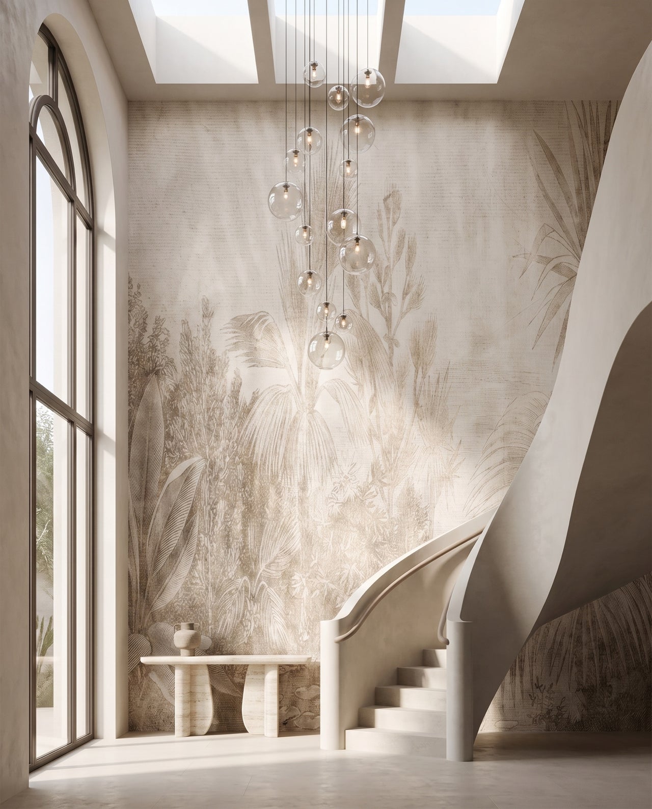 Papier peint panoramique Batavia dans un grand hall à escalier sculptural — fresque jungle gravure Wonderwall Casablanca