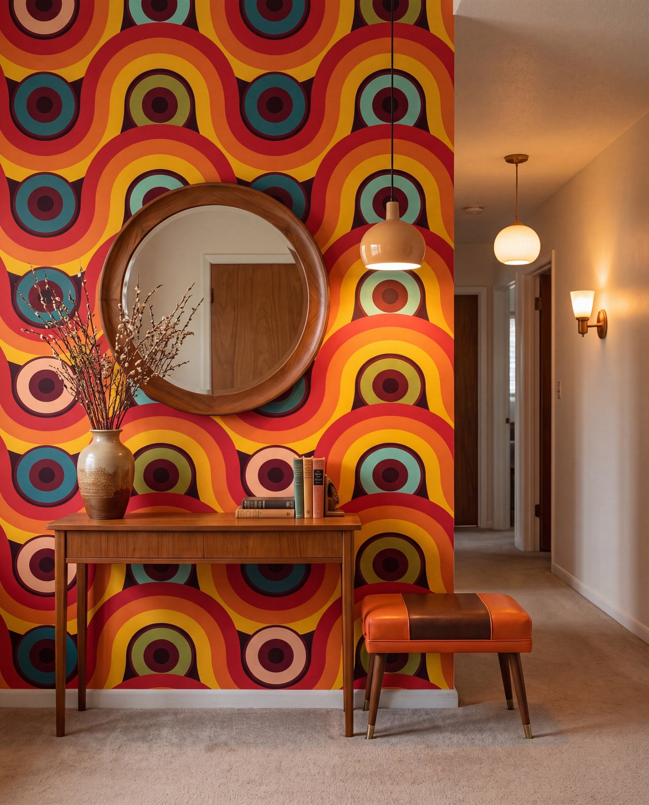 Papier peint rétro Woodstock dans une entrée/couloir pop, sur mesure au Maroc, Wonderwall