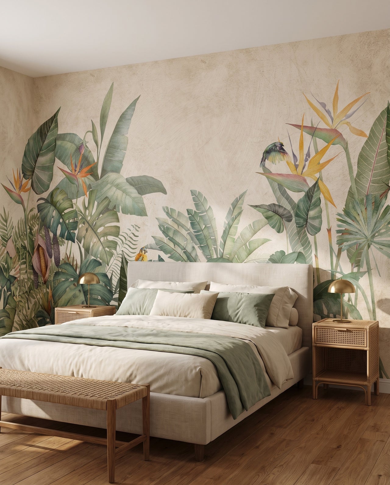 Fresque murale Paradisier dans une chambre tête capitonnée lin — papier peint panoramique jungle sur mesure Wonderwall