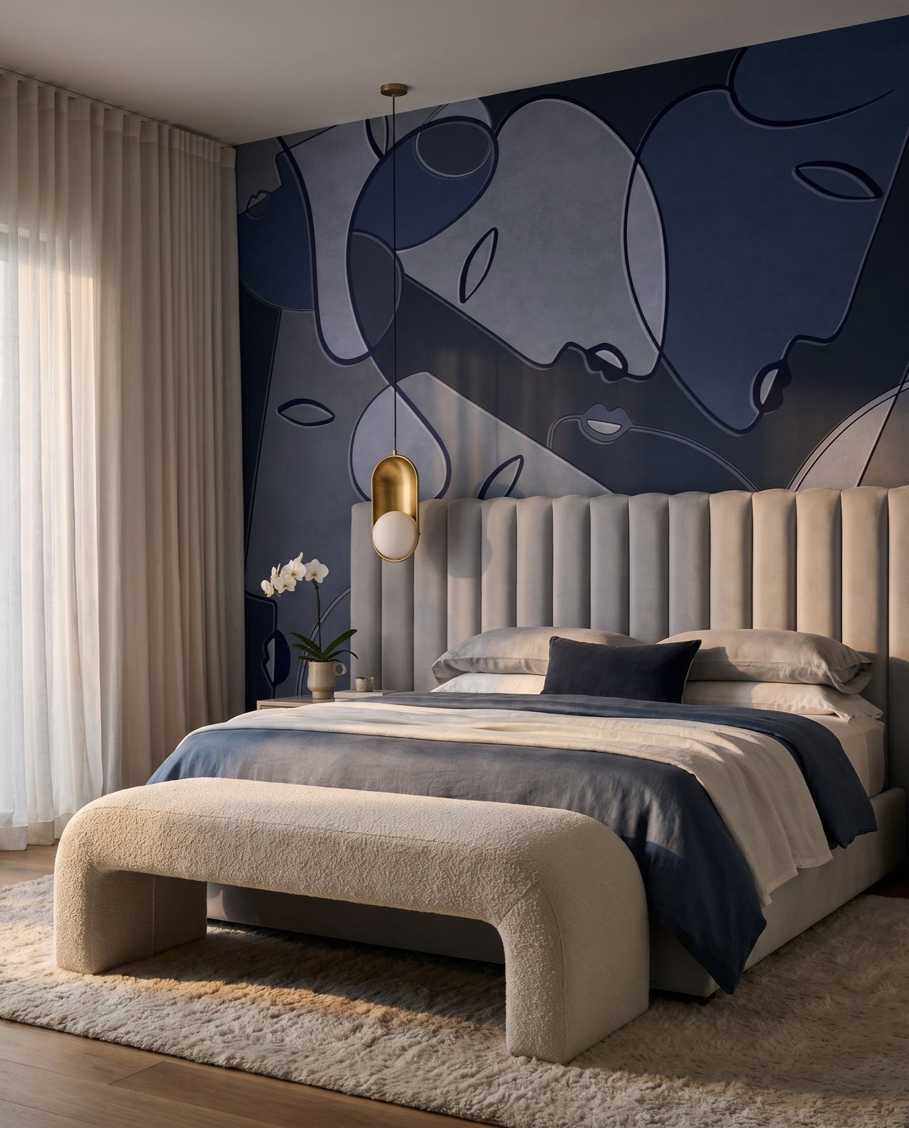 Fresque murale Muse dans une suite parentale tête capitonnée velours perle : papier peint panoramique line art sur mesure Wonderwall