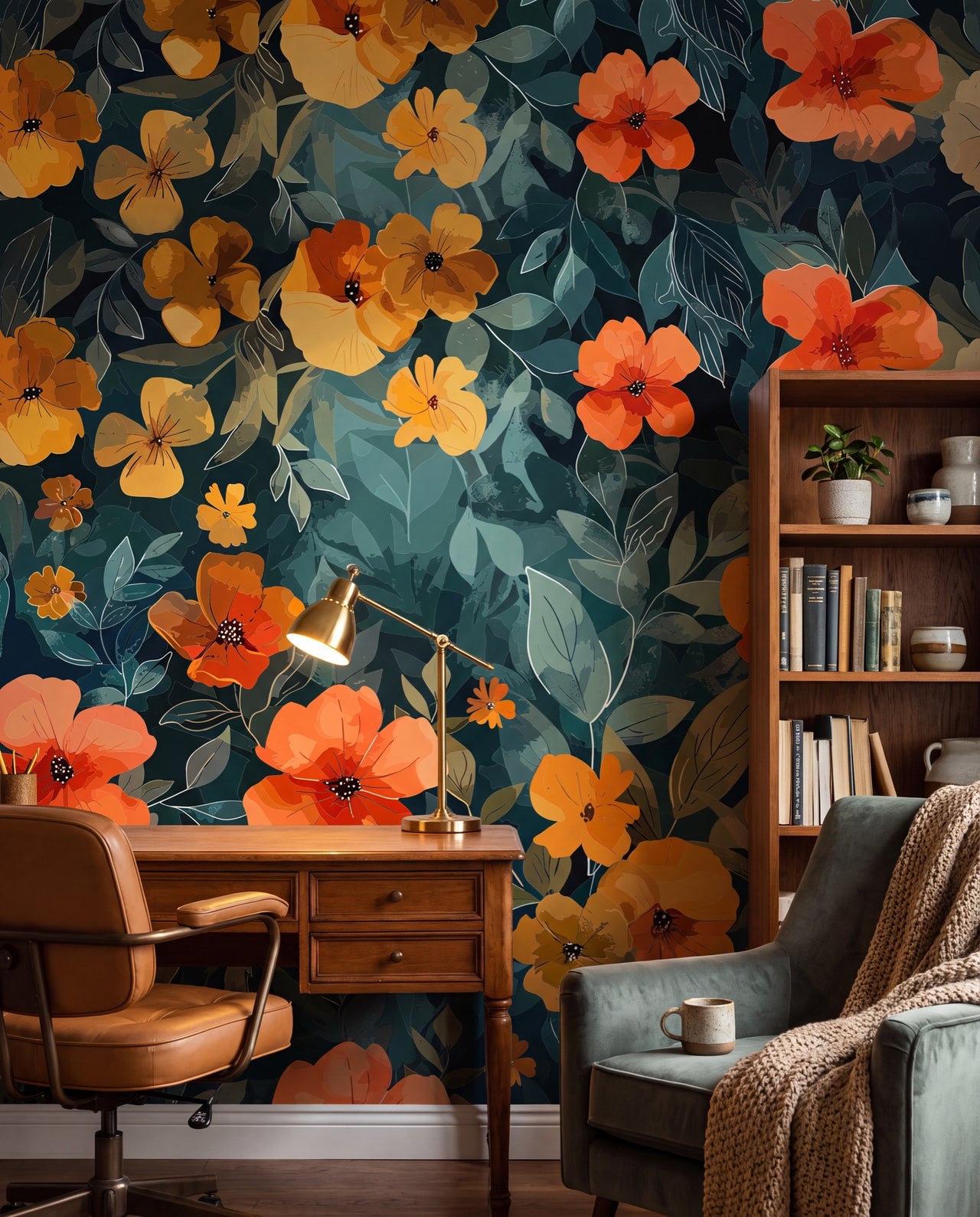 Fresque murale Éclat d'Ambre dans un bureau/coin lecture chaleureux, papier peint panoramique sur mesure au Maroc, Wonderwall