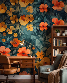 Fresque murale Éclat d'Ambre dans un bureau/coin lecture chaleureux, papier peint panoramique sur mesure au Maroc, Wonderwall