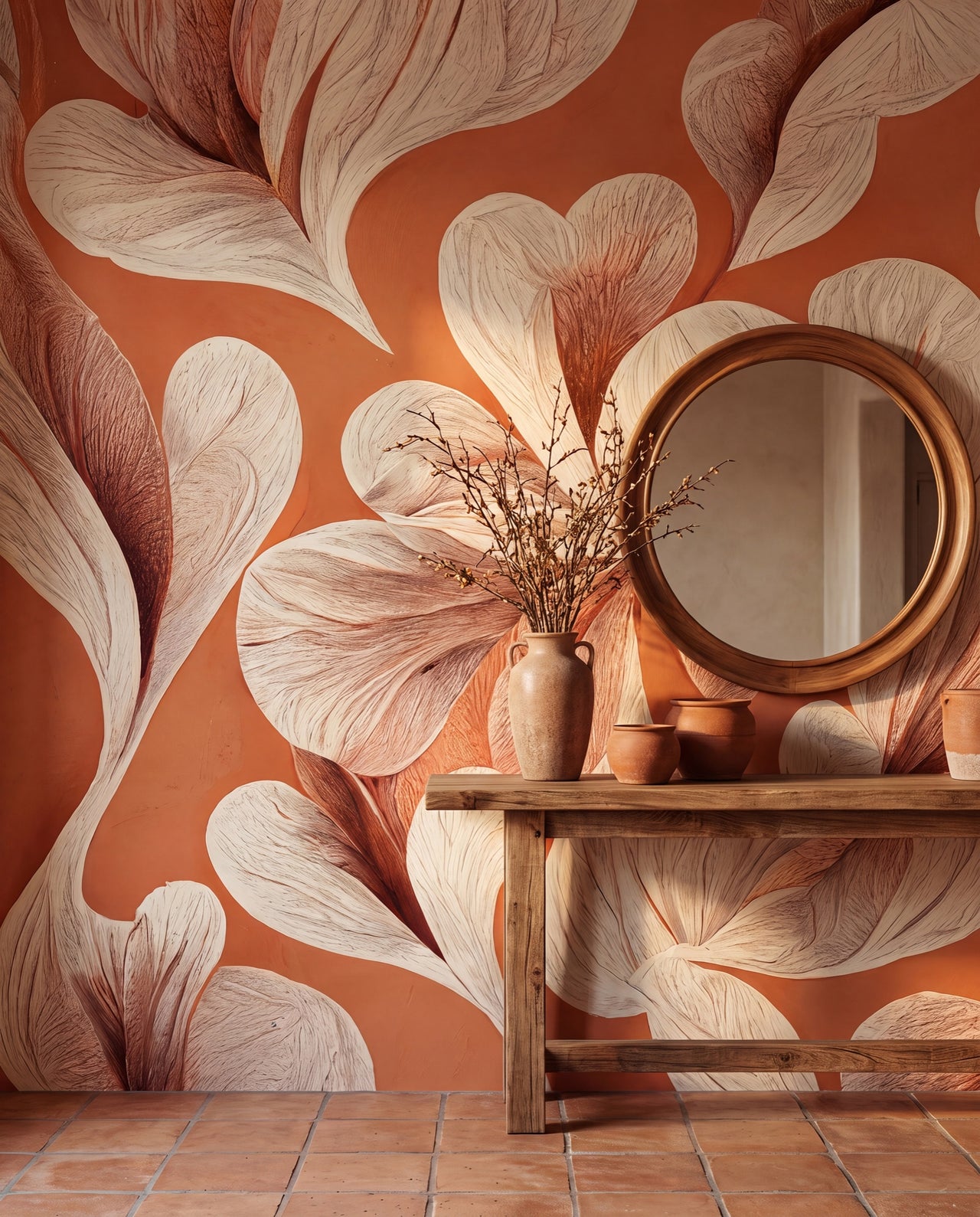 Fresque murale Soleil de Sienne dans une entrée artisanale Santa Fe, papier peint panoramique sur mesure au Maroc, Wonderwall