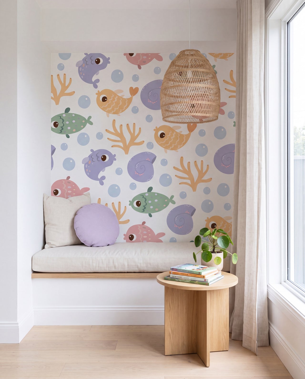 Papier peint Calypso dans un coin lecture d'enfant, poissons et coraux pastel sur mesure, Wonderwall Casablanca