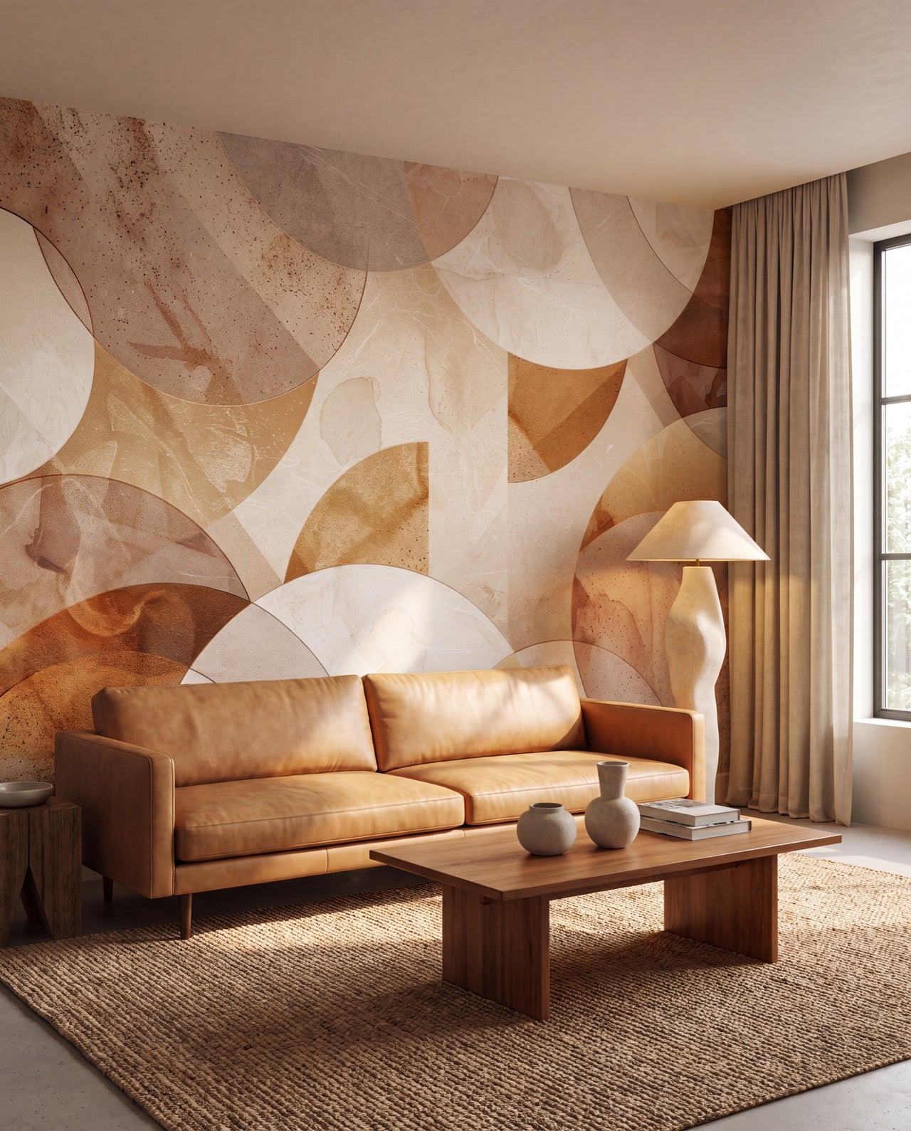 Papier peint panoramique géométrique Géométrie Sable, fresque formes sable et terracotta dans un salon contemporain mid-century, Wonderwall Casablanca