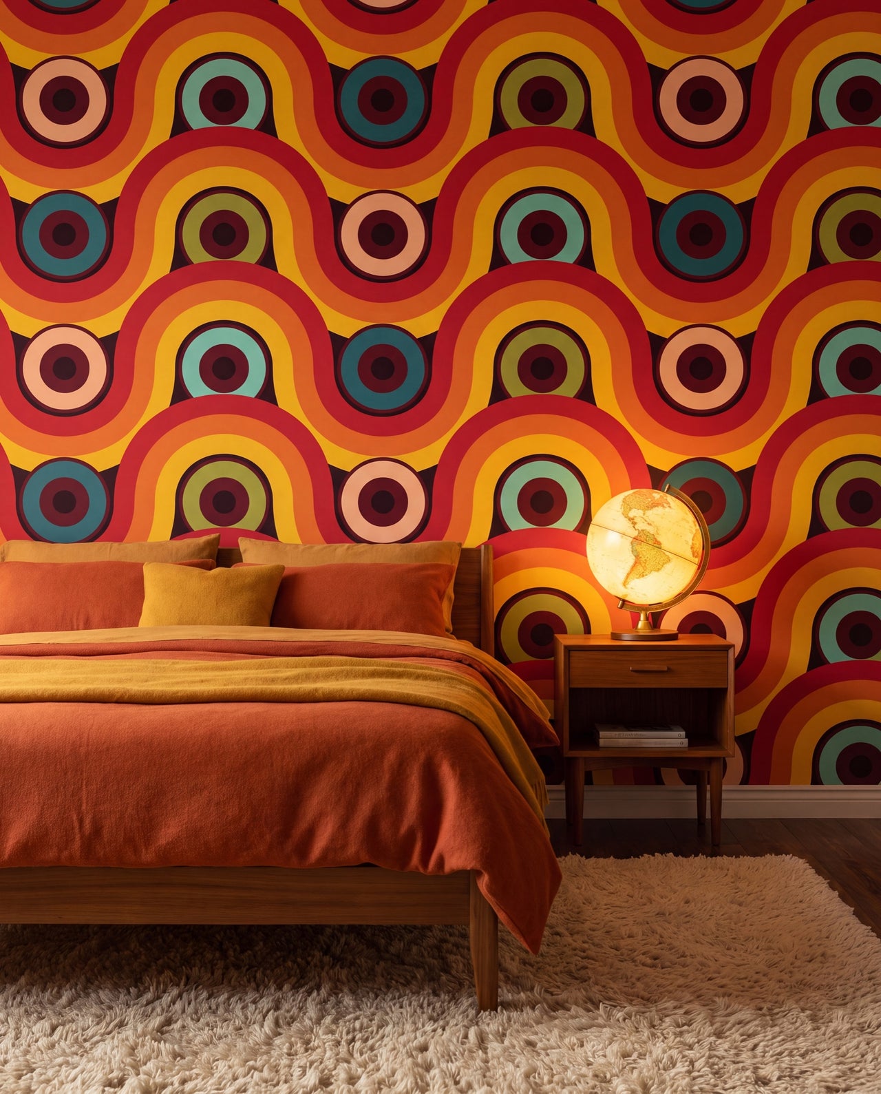 Papier peint rétro 70s Woodstock dans une chambre rétro chaleureuse, sur mesure Wonderwall Casablanca