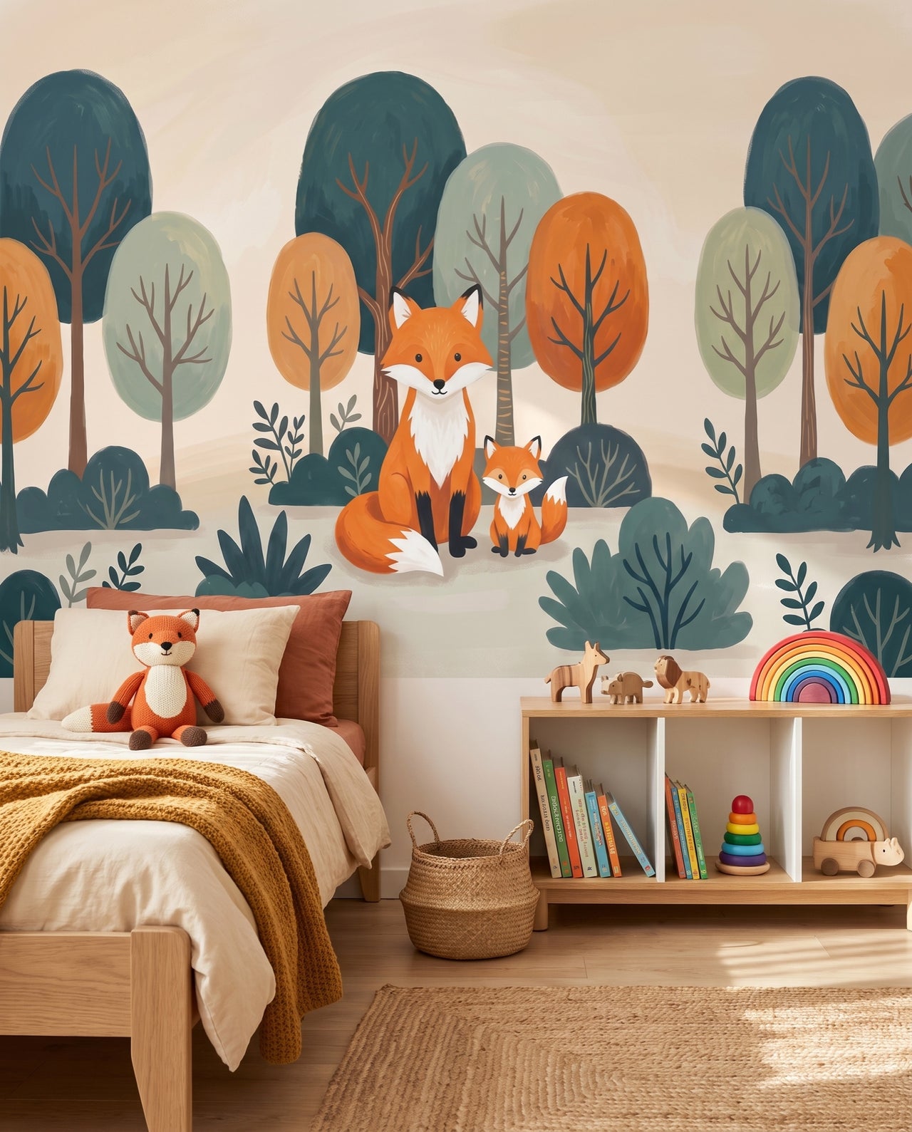 Fresque murale Goupil en gros plan derrière l'étagère à jouets en bois : papier peint forêt sur mesure Wonderwall