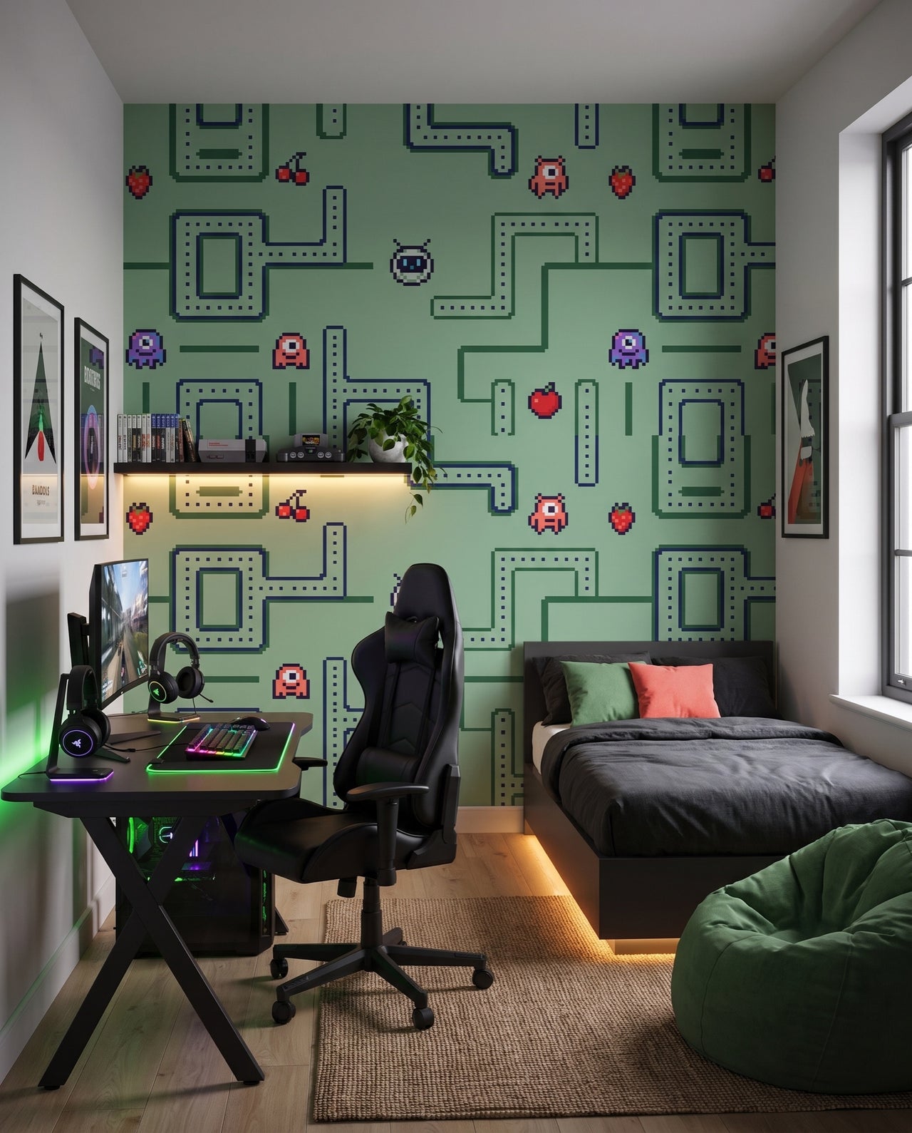 Papier peint panoramique Level Up vu vers le lit et la fenêtre : fresque arcade labyrinthe Wonderwall Casablanca