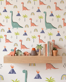 Détail du papier peint Gondwana — brontosaure corail, volcan et palmier, Wonderwall Casablanca