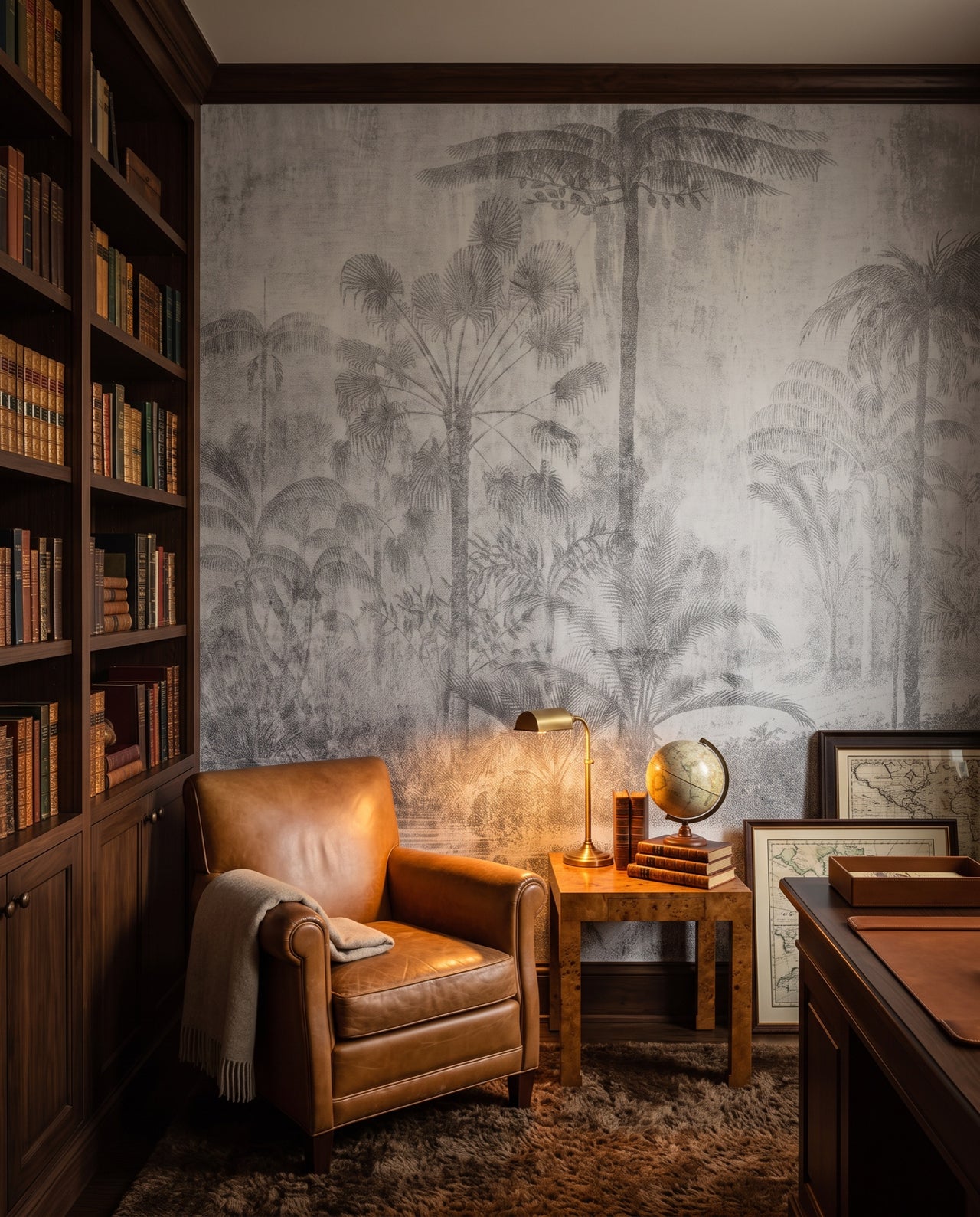 Papier peint panoramique Ceylan dans un cabinet-bibliothèque en noyer avec fauteuil club cuir caramel : fresque jungle gris argenté Wonderwall Casablanca