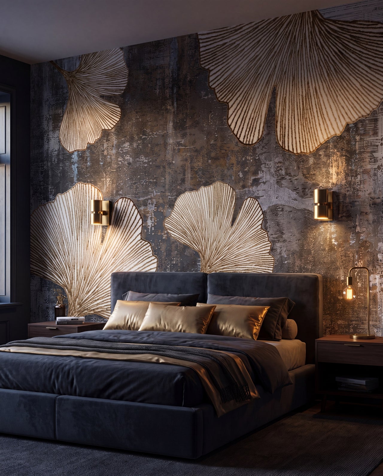 Fresque murale Ginkgo Bronze dans une chambre sombre sensuelle, papier peint panoramique sur mesure Wonderwall