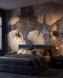 Fresque murale Ginkgo Bronze dans une chambre sombre sensuelle, papier peint panoramique sur mesure Wonderwall