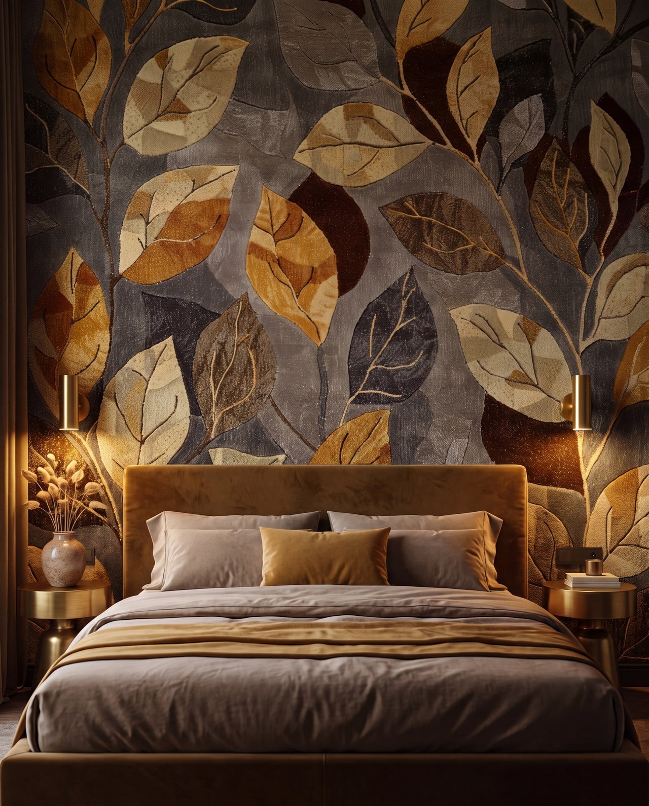 Papier peint panoramique Or & Ardoise dans une chambre glamour tamisée, fresque feuillage doré Wonderwall Casablanca