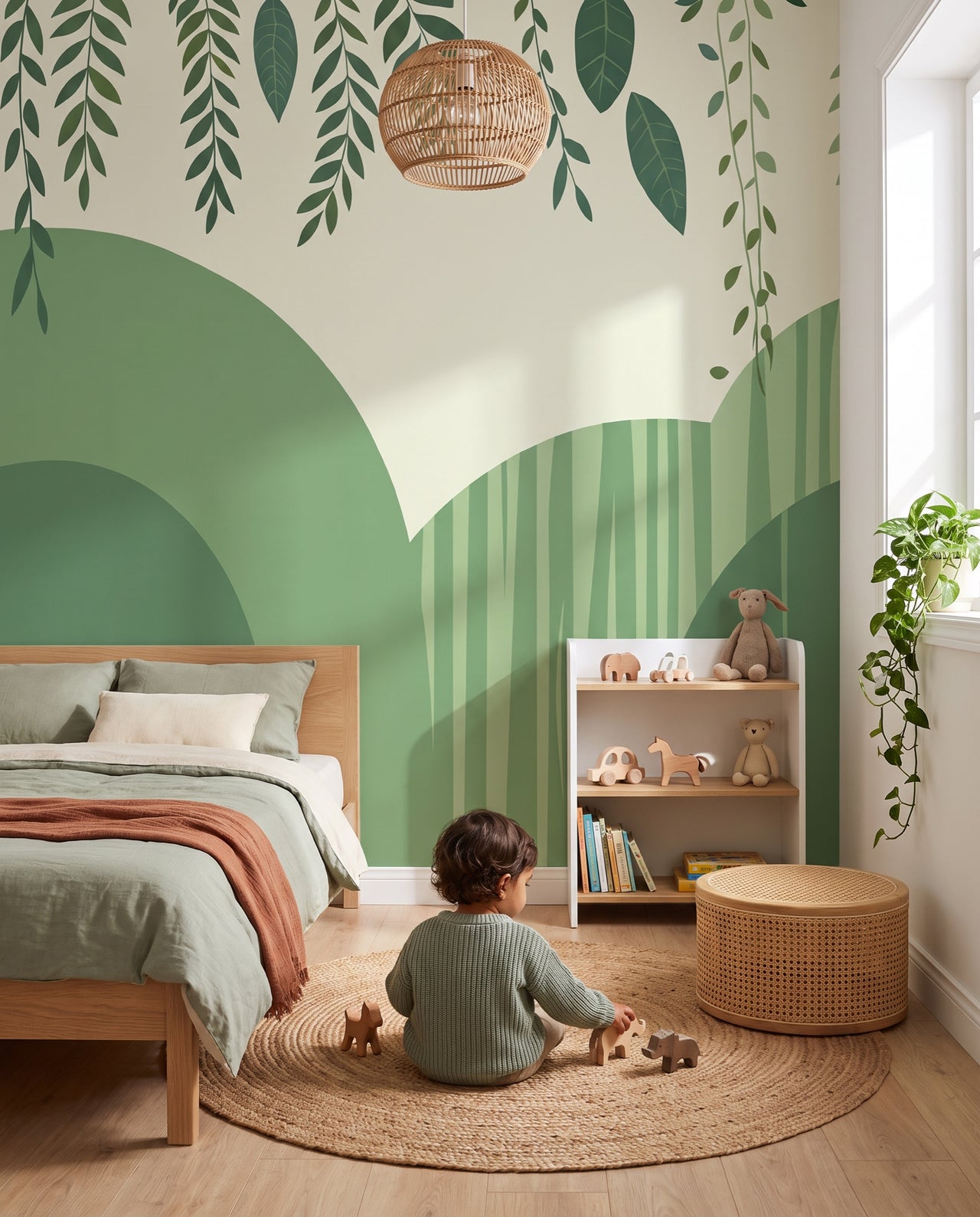 Fresque murale Lierre dans une chambre nature, un enfant joue au sol sur le tapis en jute : feuillages sur mesure au Maroc, Wonderwall
