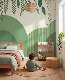 Fresque murale Lierre dans une chambre nature, un enfant joue au sol sur le tapis en jute : feuillages sur mesure au Maroc, Wonderwall