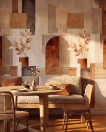 Papier peint panoramique Terracotta Bohème dans un coin petit-déjeuner ensoleillé, fresque arches terracotta Wonderwall Casablanca