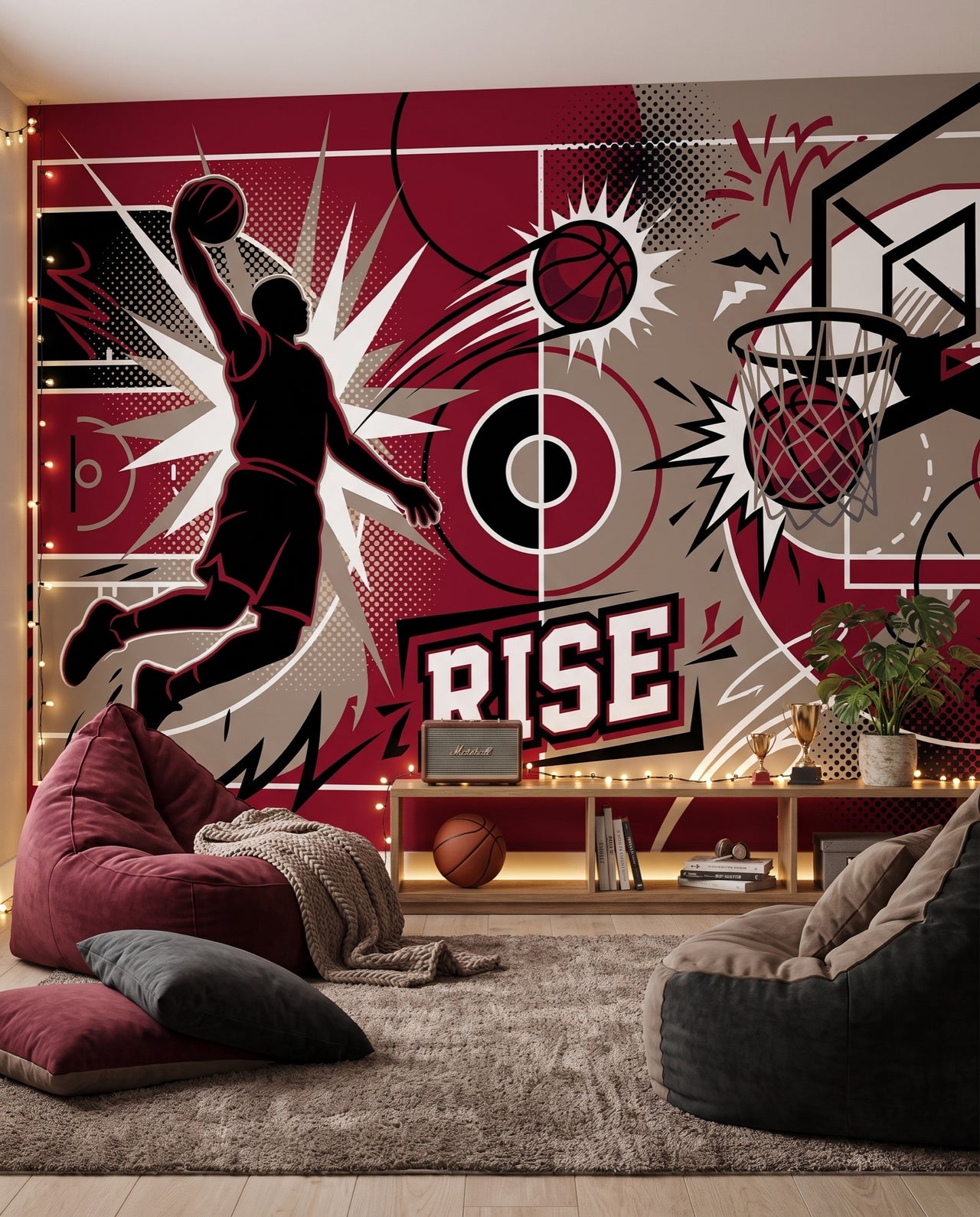 Papier peint panoramique Slam dans un coin détente à poufs bordeaux et mini-panier : fresque streetball Wonderwall Casablanca