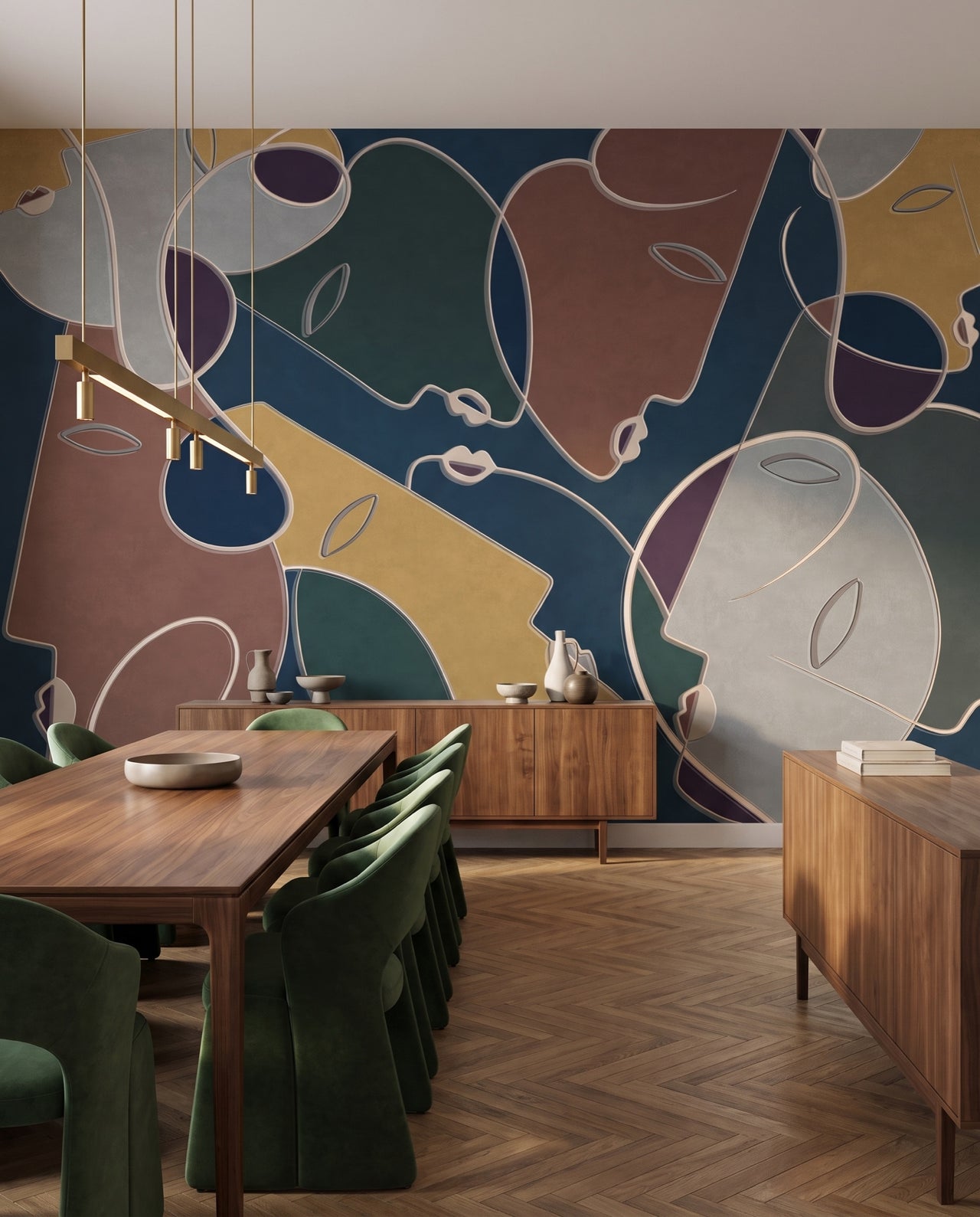 Fresque murale Arlequin dans une salle à manger noyer et chaises velours vert : visages line art multicolores sur mesure au Maroc, Wonderwall