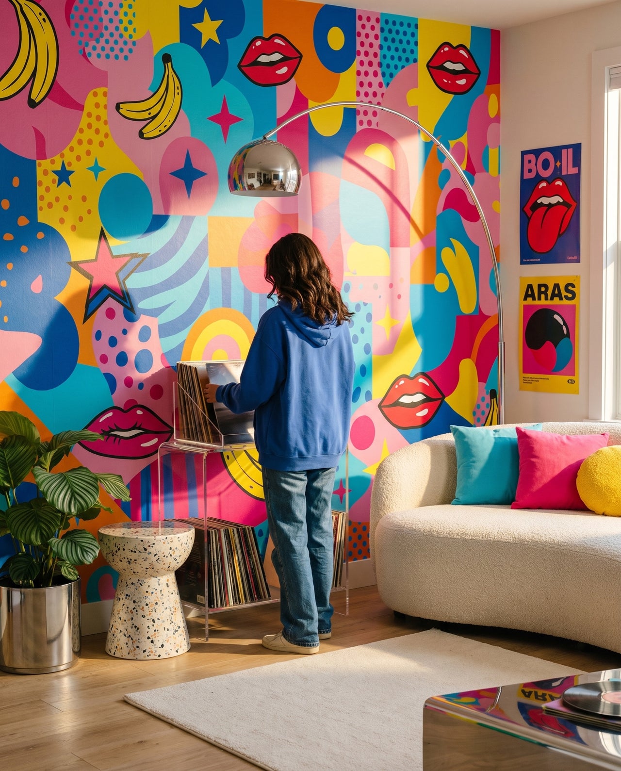 Fresque murale Candy dans une chambre d'adolescent devant les vinyles : collage pop art sur mesure au Maroc, Wonderwall