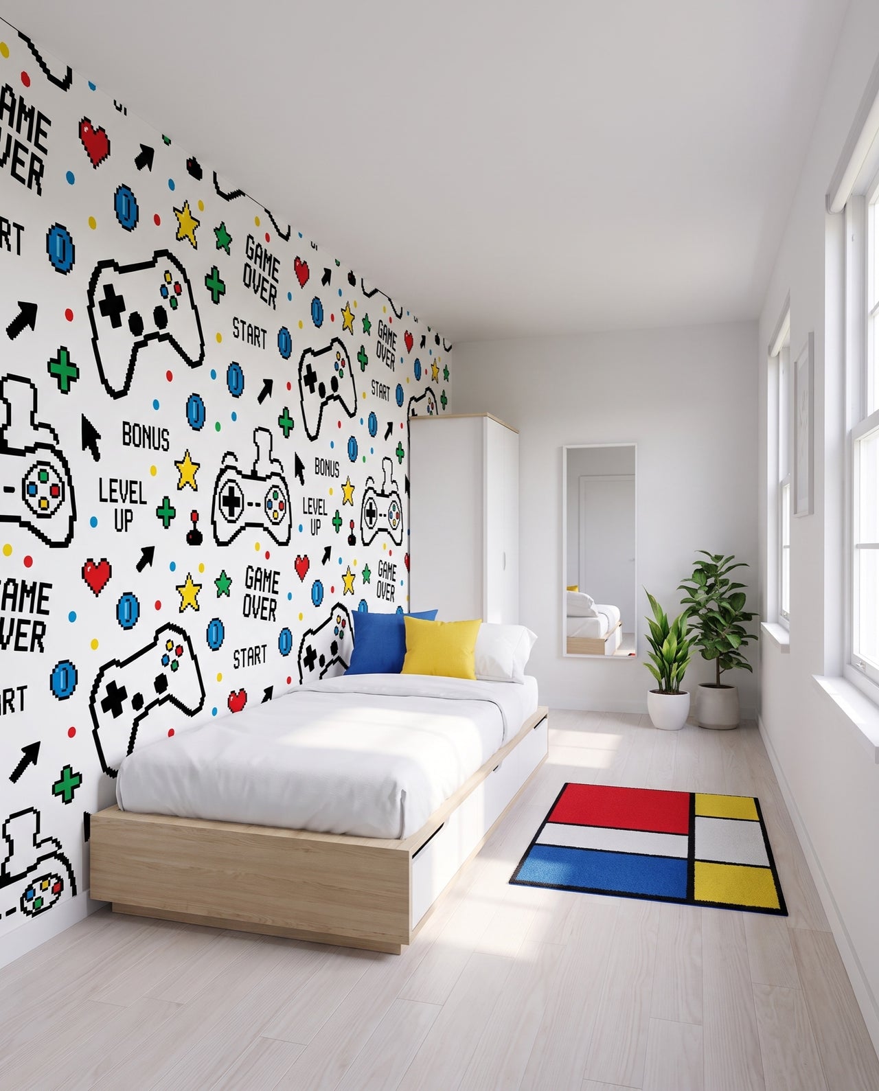 Papier peint Arcade dans une chambre claire en bois et blanc avec tapis color-block : manettes pixel art sur mesure au Maroc, Wonderwall