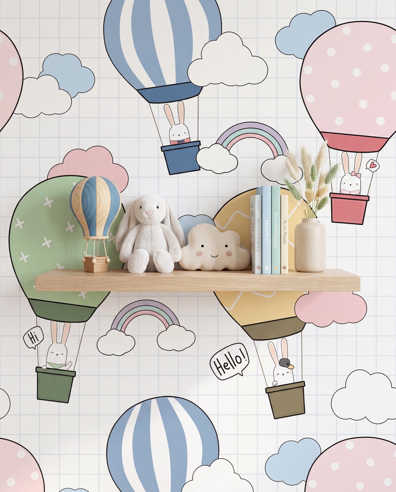 Détail du papier peint Alizé, montgolfière pastel portant un petit lapin, nuages et arc-en-ciel, Wonderwall Casablanca