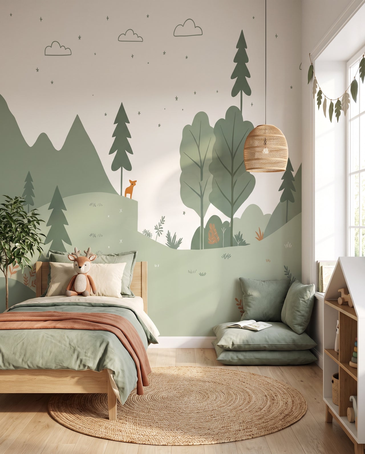 Papier peint panoramique Sylvain vu vers le coin lecture et la fenêtre : fresque forêt apaisante Wonderwall Casablanca
