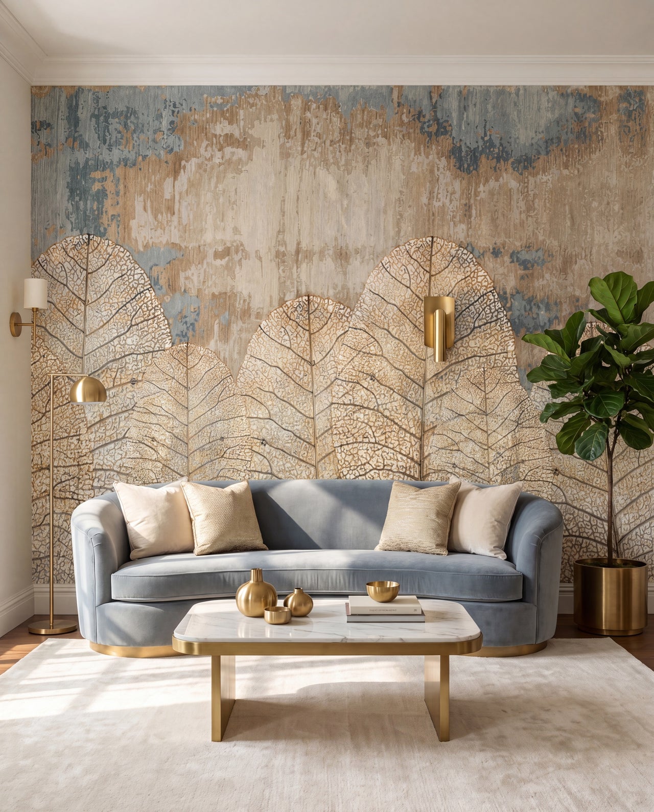 Papier peint panoramique Feuilles de Nacre dans un salon raffiné soft-luxe, fresque feuilles nacrées Wonderwall Casablanca
