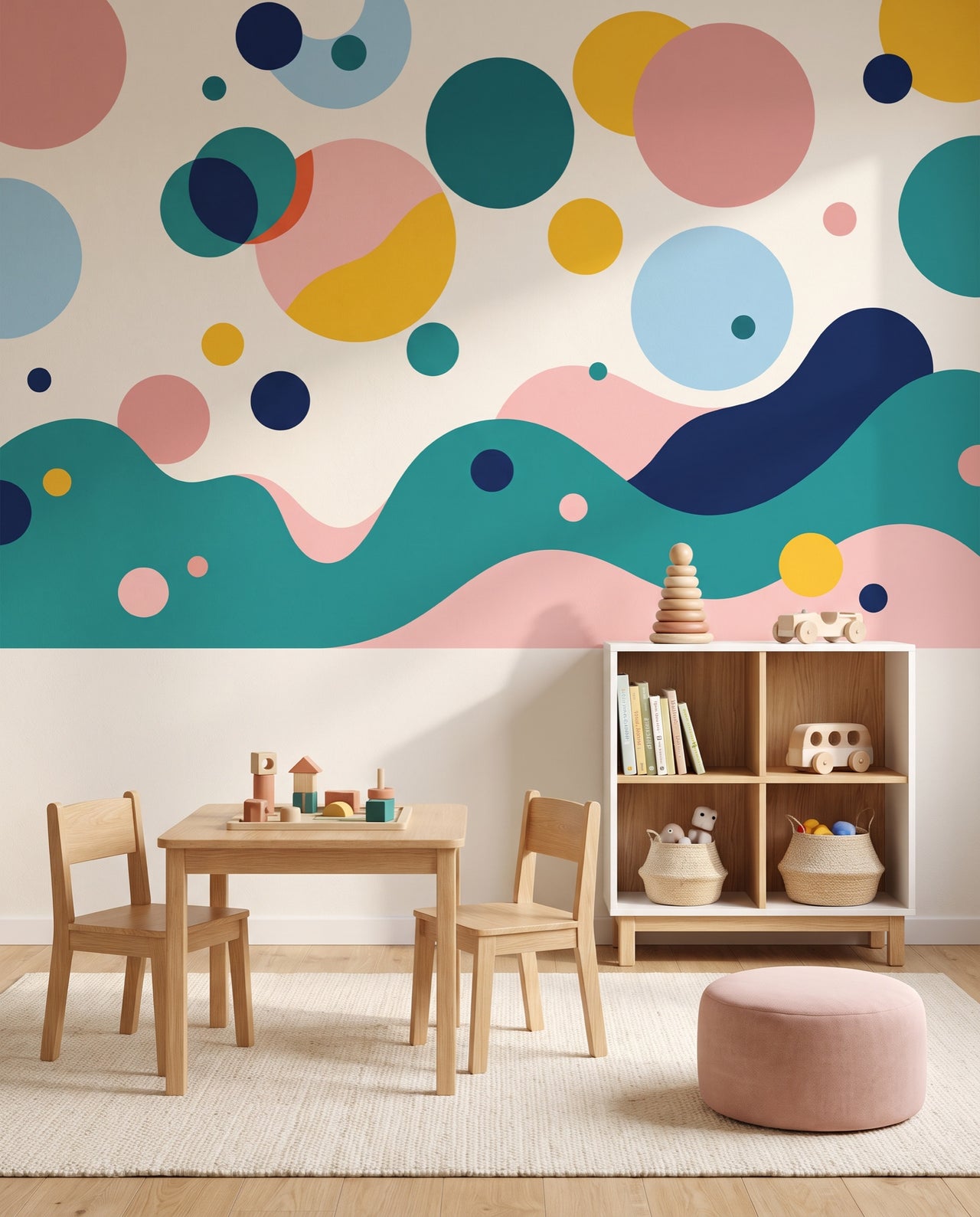 Fresque murale Confetti en gros plan derrière la table de jeu et l'étagère à jouets en bois : papier peint sur mesure Wonderwall